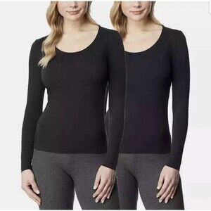 32 Degrees Womens XL Black 2Pk Heat Base Layer Long Sleeve Shirts Scoop Neck New